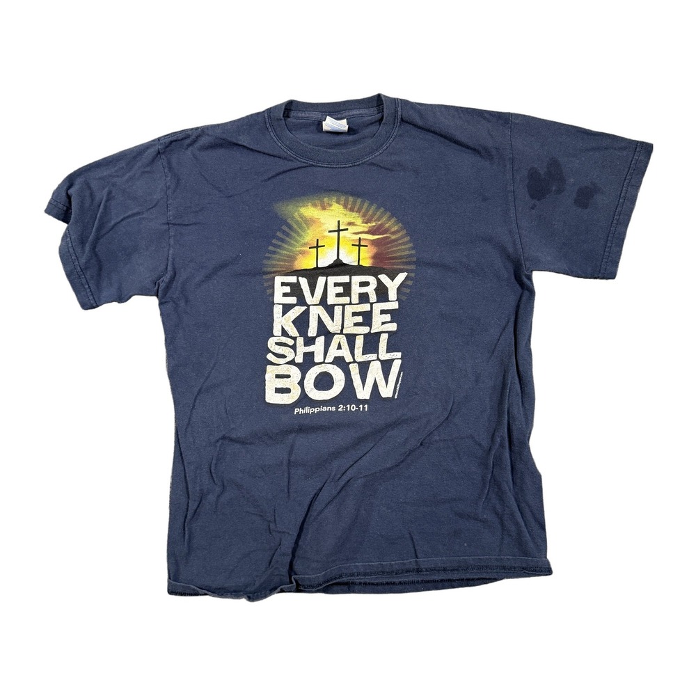 Gildan Heavy Cotton Every Knee Shall Bow Christian T-Shirt Navy Blue Medium